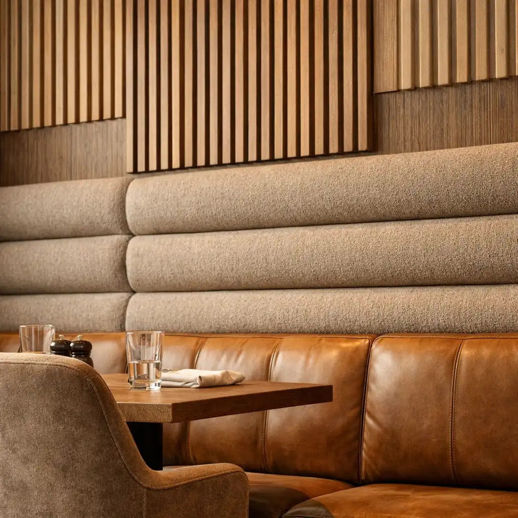 Detail akustických panelů na stěně a pohodlného sezení v restauraci