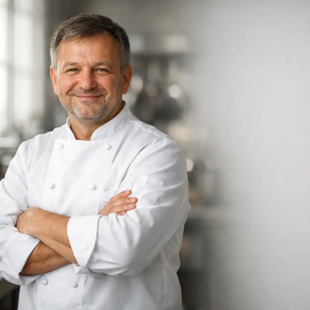Šéfkuchař Jan Novák upravuje bylinky na talíři v kuchyni restaurace