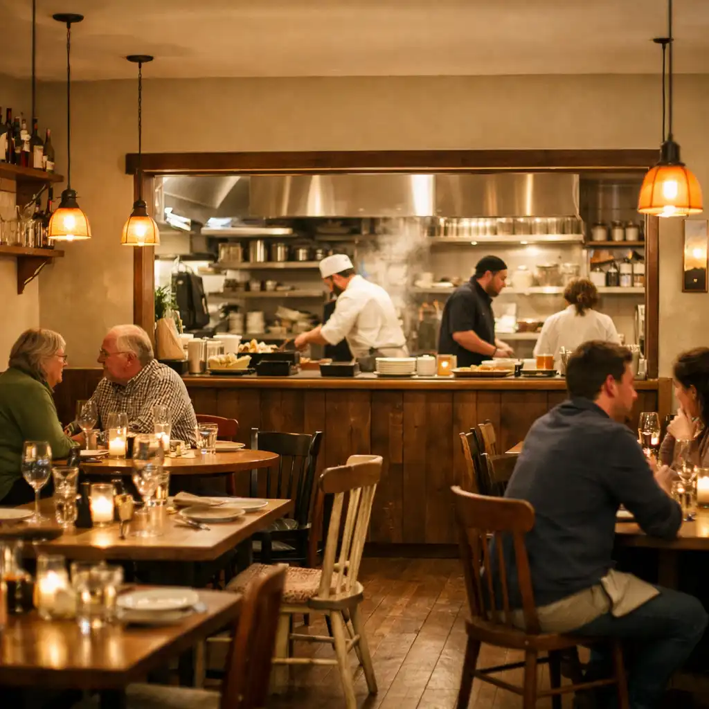 Interiér restaurace s otevřenou kuchyní a dřevěnými stoly
