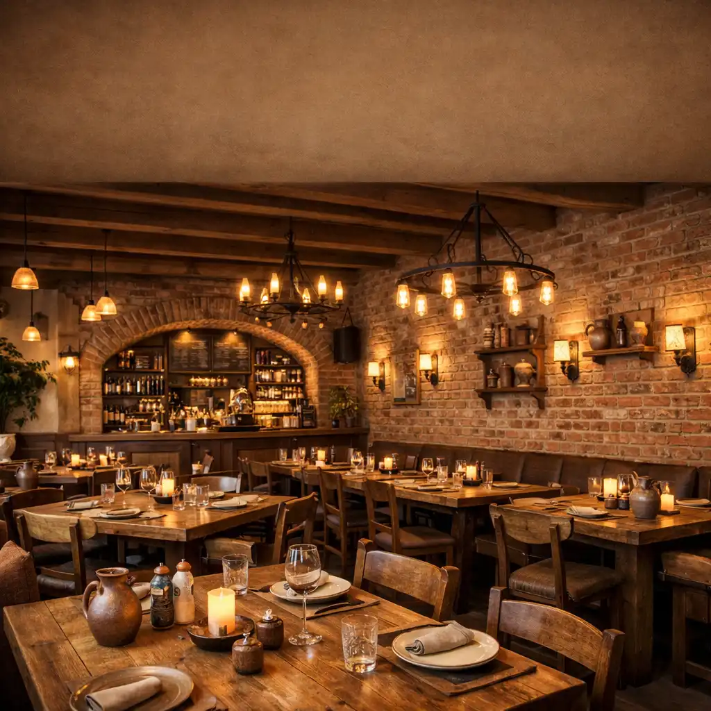 Širokoúhlý pohled na hlavní sál restaurace Dobrý Kulinářský s teplým osvětlením, dřevěnými stoly a cihlovou zdí