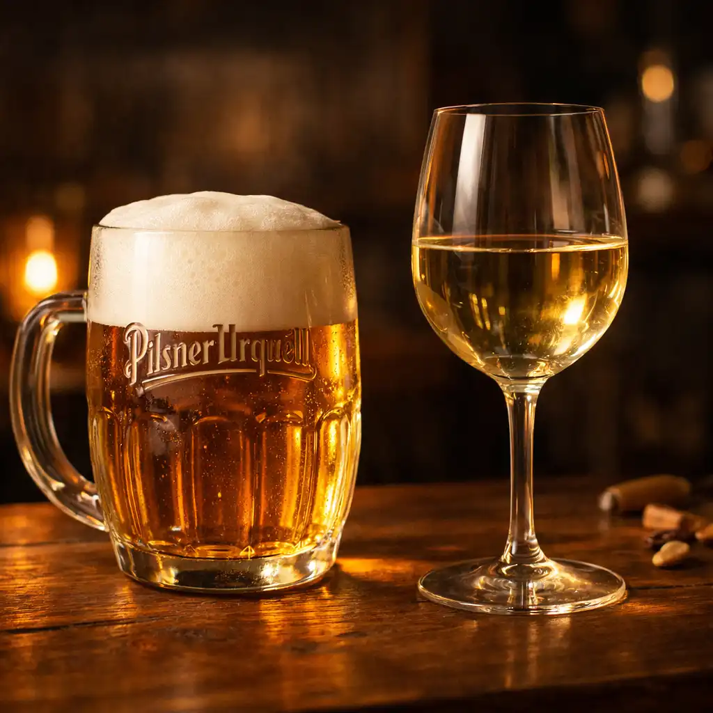 Sklenice piva Pilsner Urquell a bílého vína na dřevěném stole