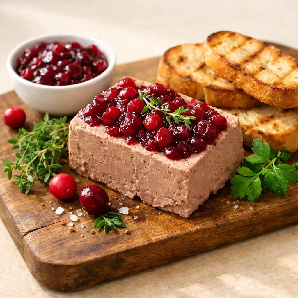 Kachní paštika s brusinkami a opečeným toastem na dřevěném prkénku