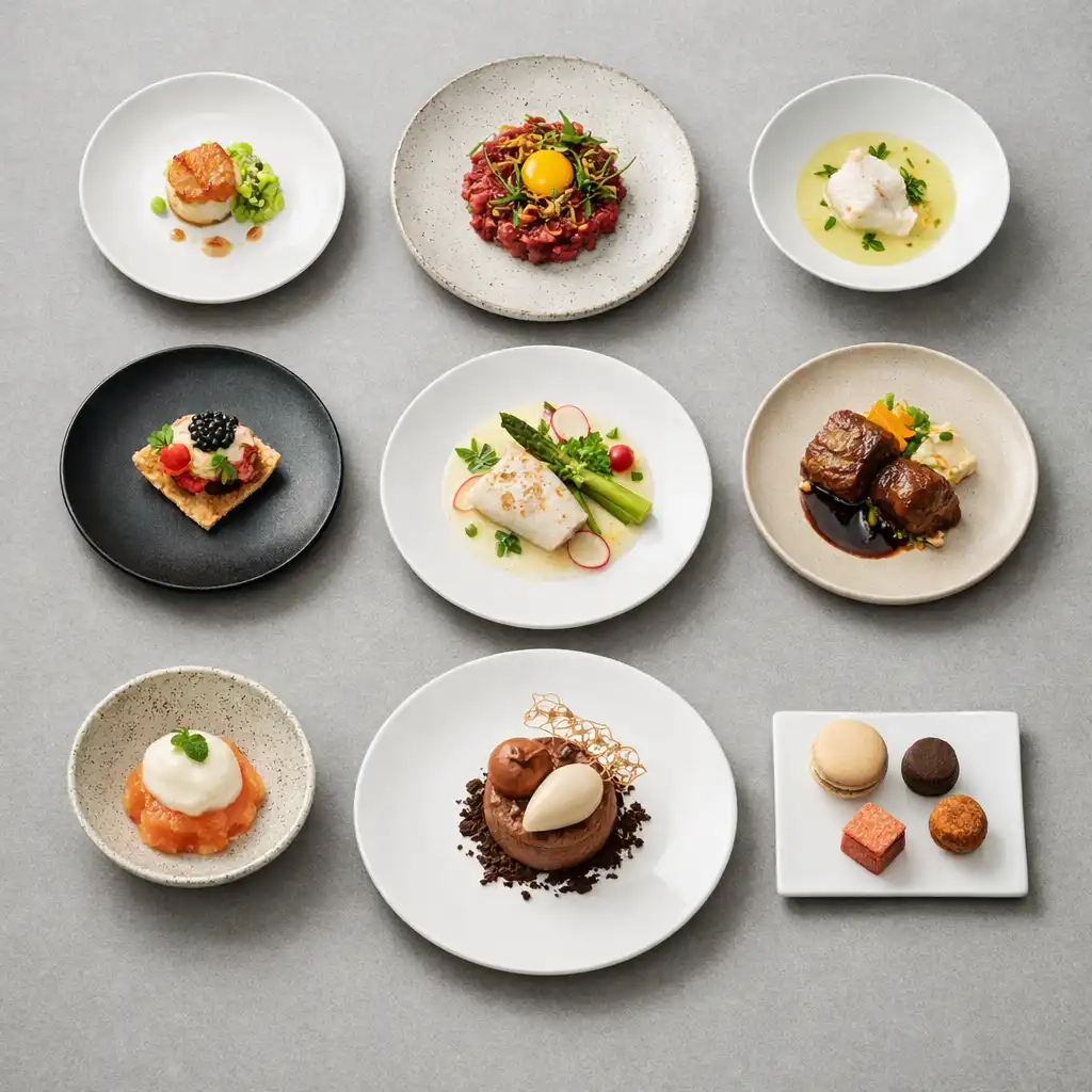 Série malých chodů degustačního menu na elegantních talířích