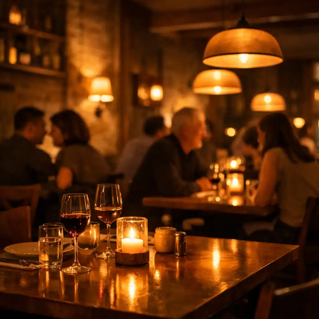 Interiér restaurace ve večerním osvětlení s teplými světly a stíny