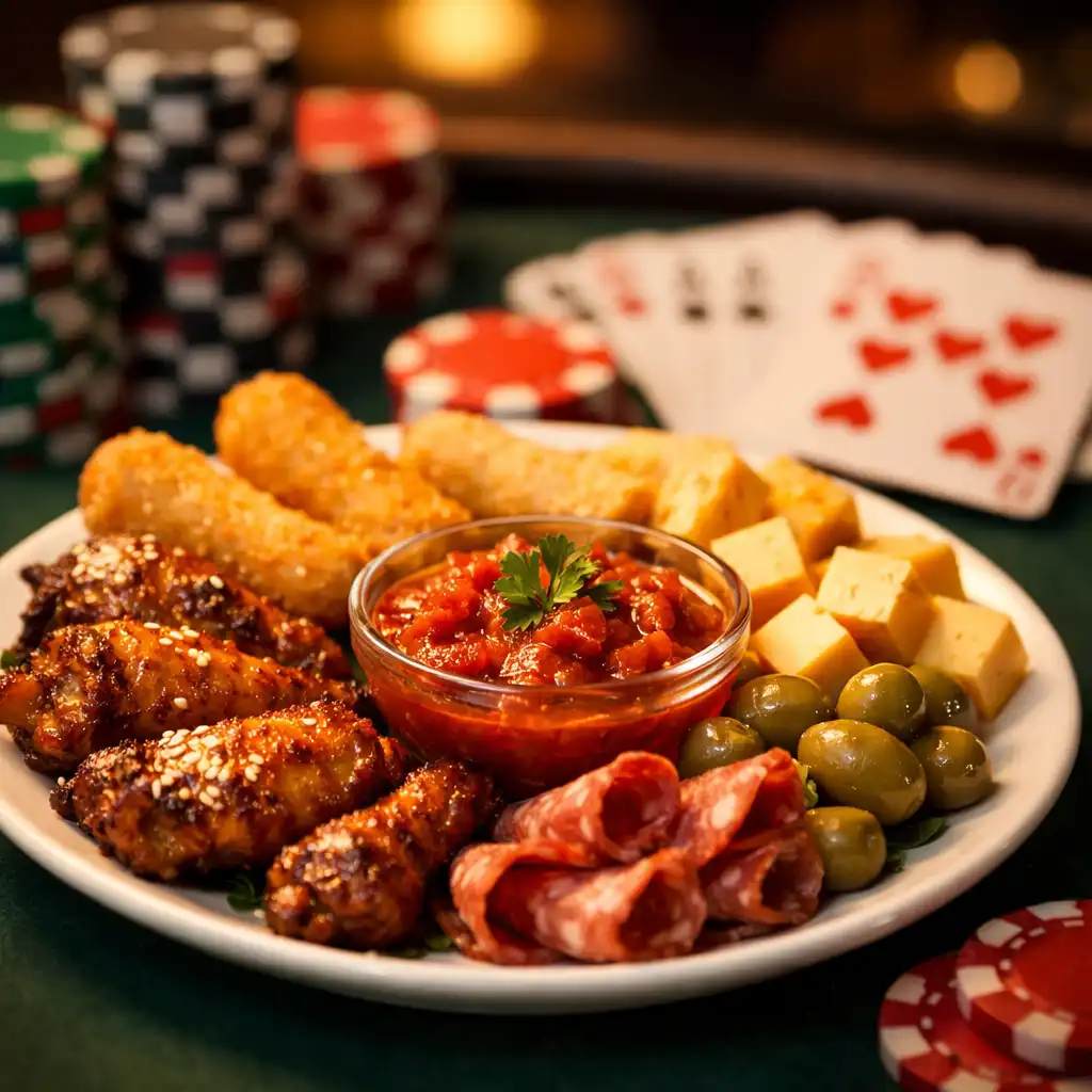 Detailní záběr na talíř s drobným občerstvením u pokerového stolu, karty a žetony v pozadí
