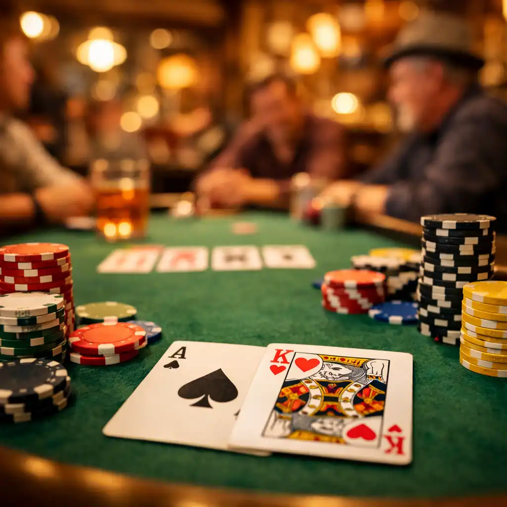 Pokerový stůl v útulné restauraci s teplým osvětlením, hráči v pozadí a detailem karet a žetonů