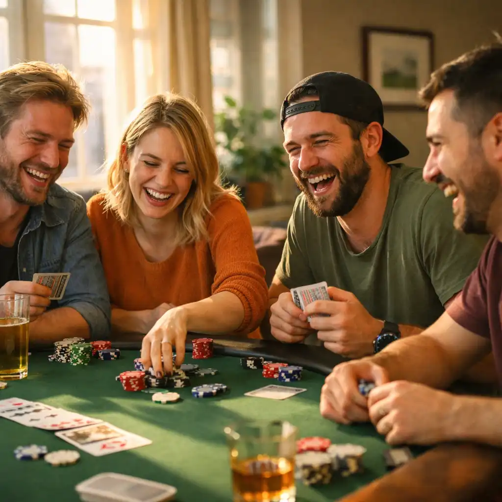 Skupina přátel u pokerového stolu, smějí se a hrají v přirozeném světle