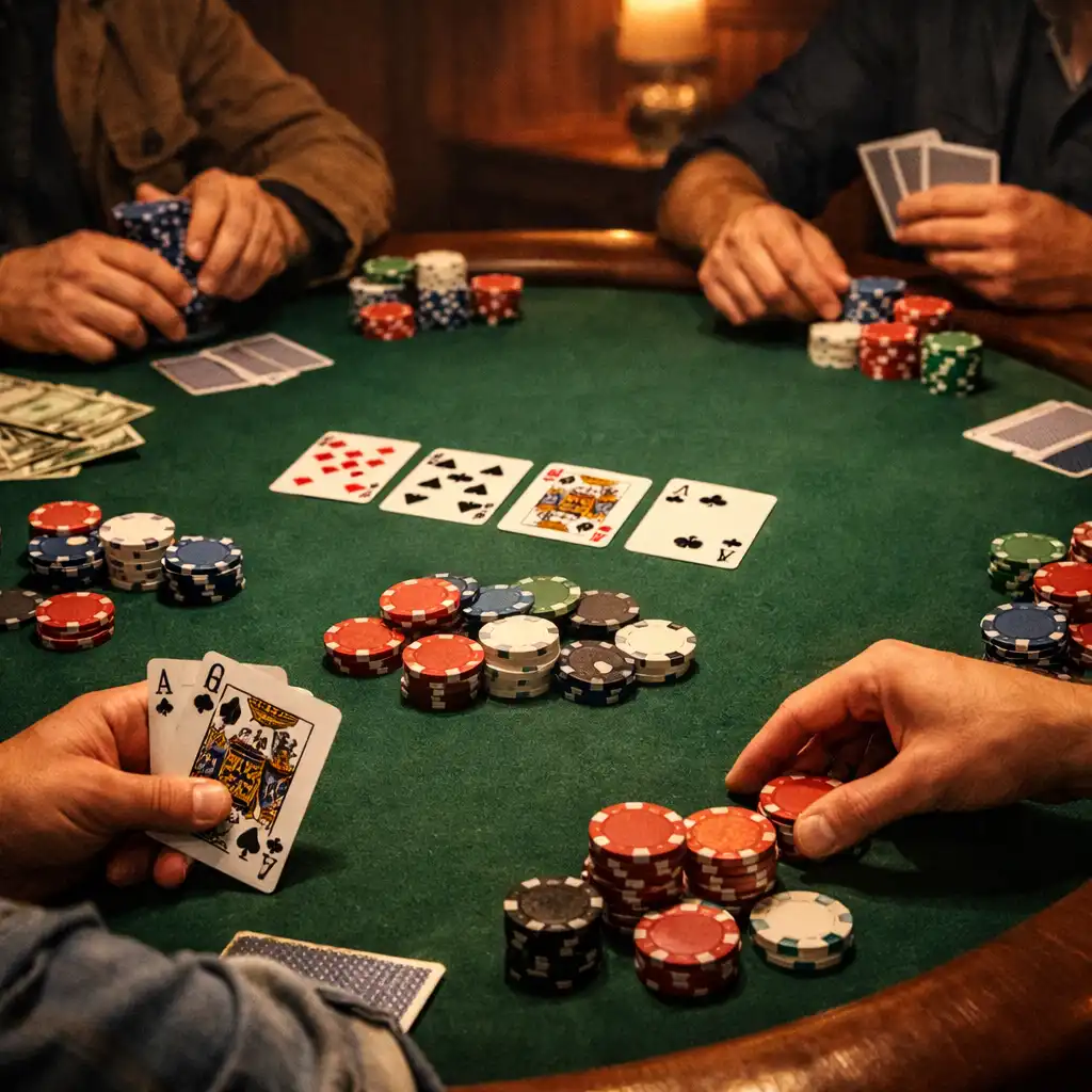 Pokerový stůl s hráči v akci, karty a žetony na stole v útulném prostředí