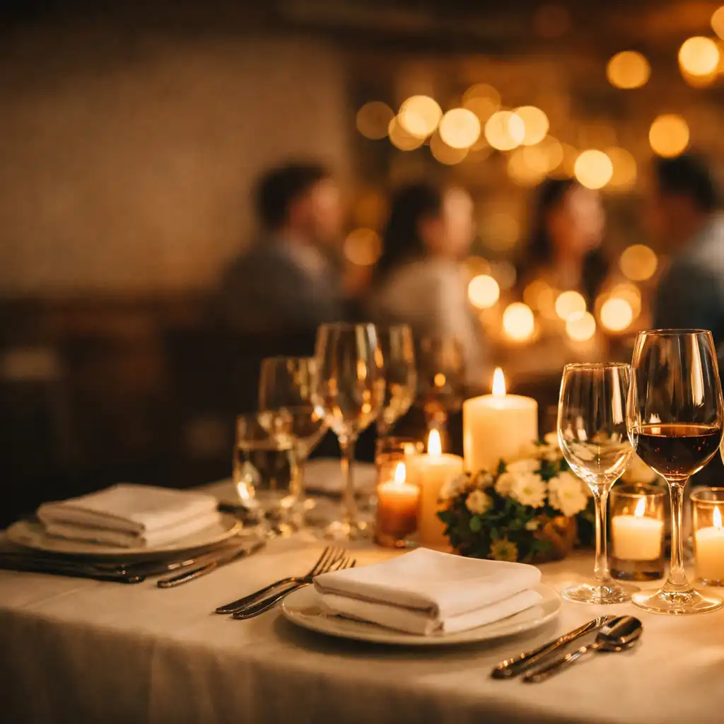 Elegantně prostřený stůl v restauraci s teplým osvětlením a svíčkami, připravený pro soukromou oslavu