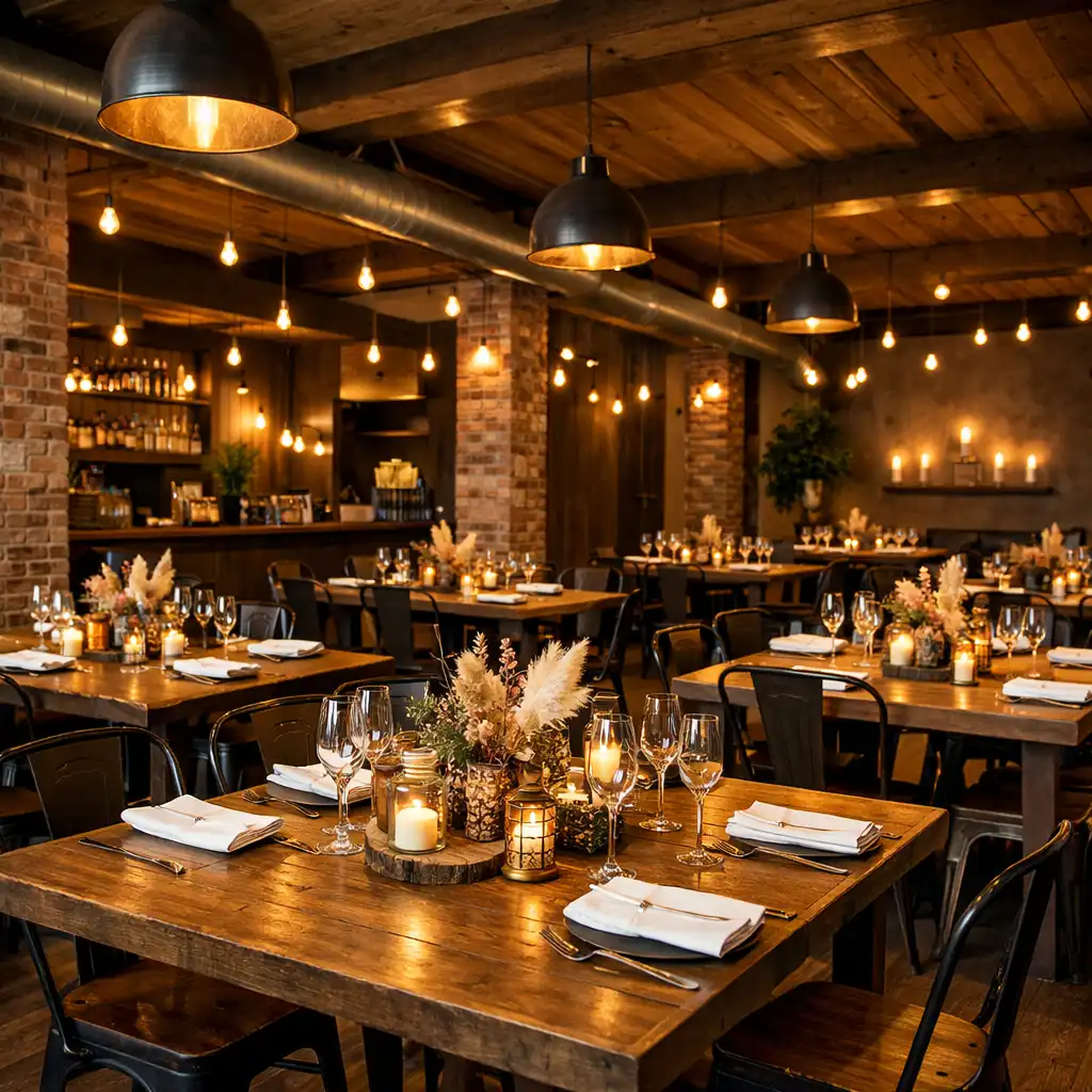 Prostorný hlavní sál restaurace s dřevěnými stoly a teplým osvětlením, připravený pro soukromou akci