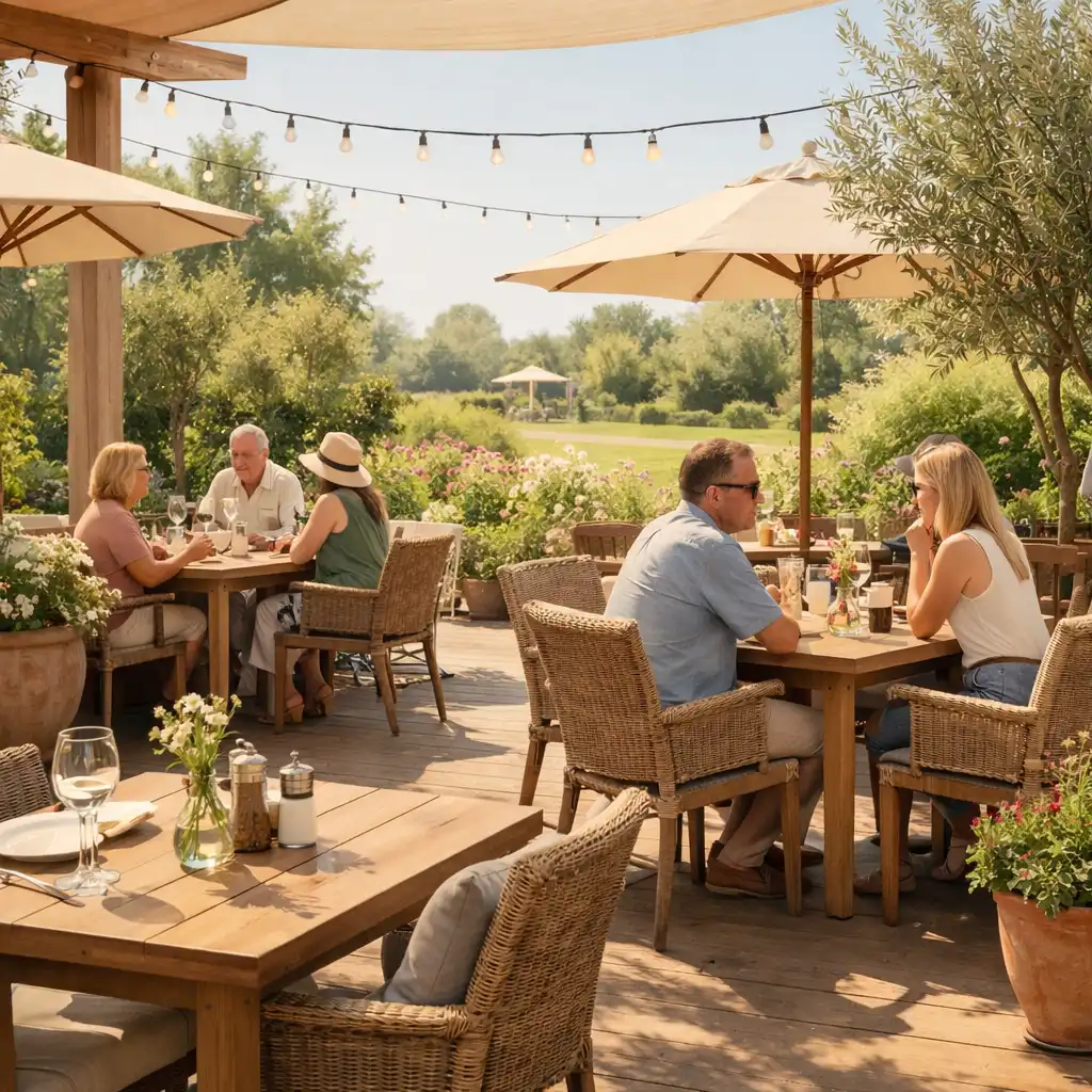Venkovní terasa restaurace se stolečky a zelení, výhled do zahrady